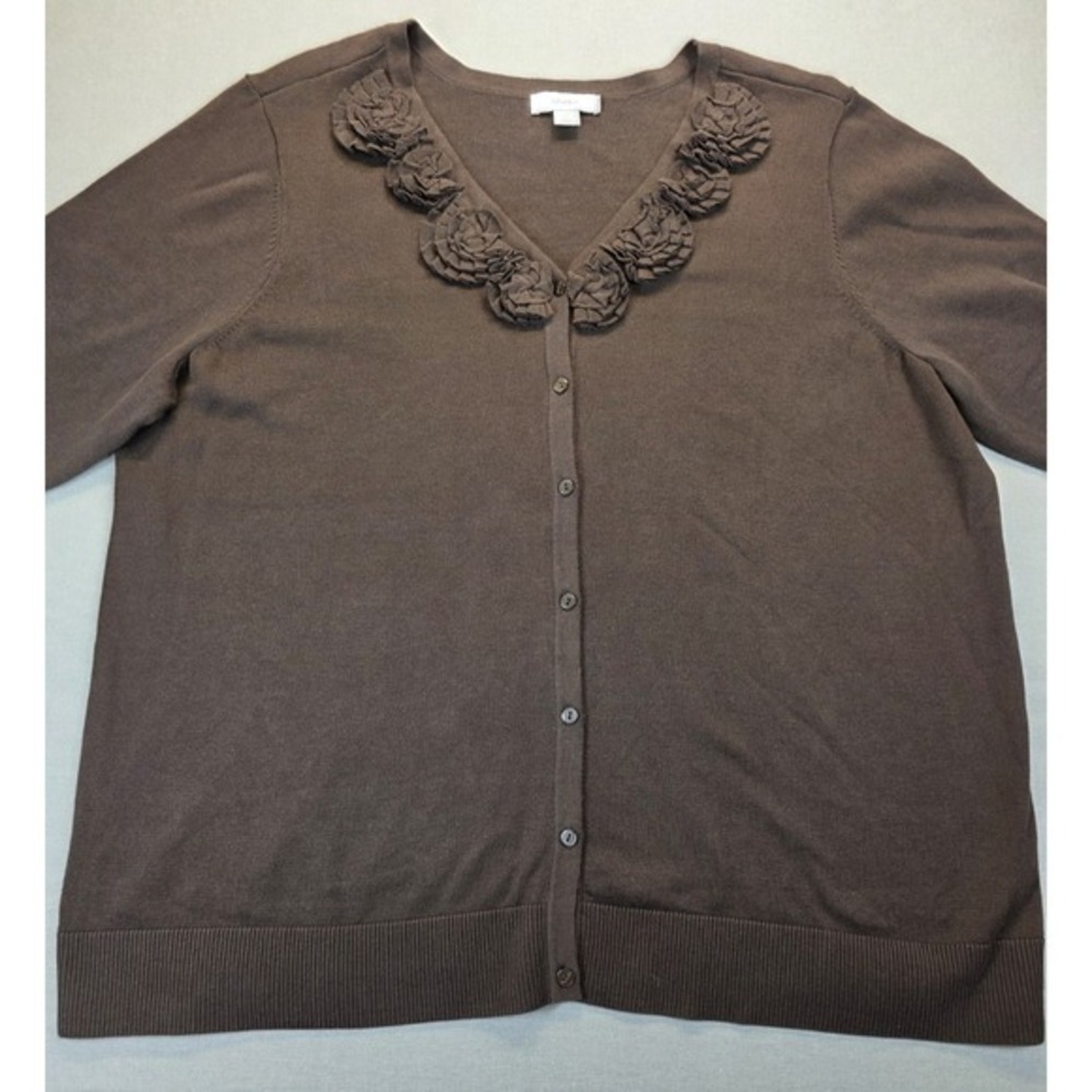 CJ Banks‎ 3X Cardigan Brown 3D Floral Light 100% Cotton Office Staple 3/4 Sleeve